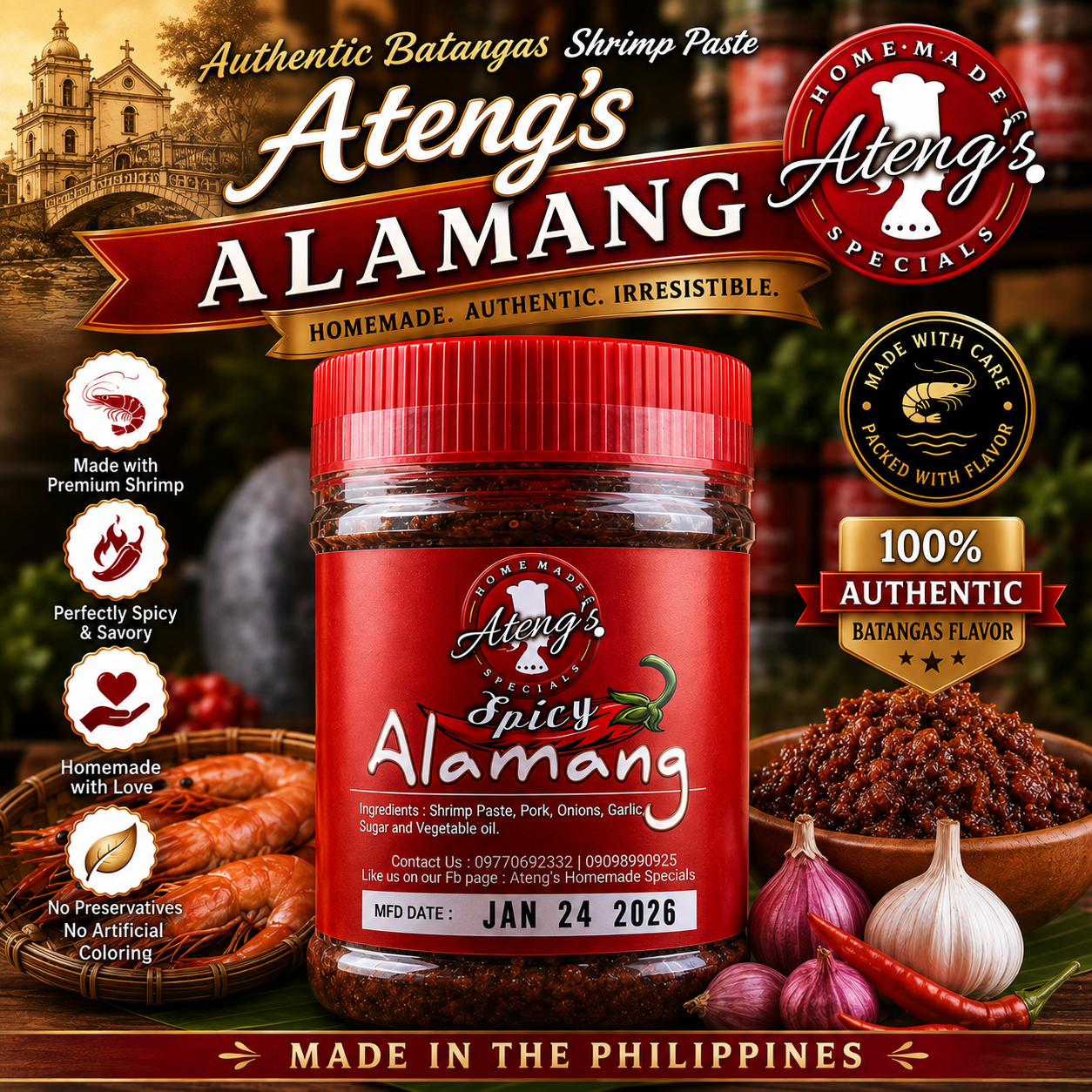 Ateng's Alamang Spicy Alamang jar — authentic Batangas shrimp paste, homemade and made in the Philippines