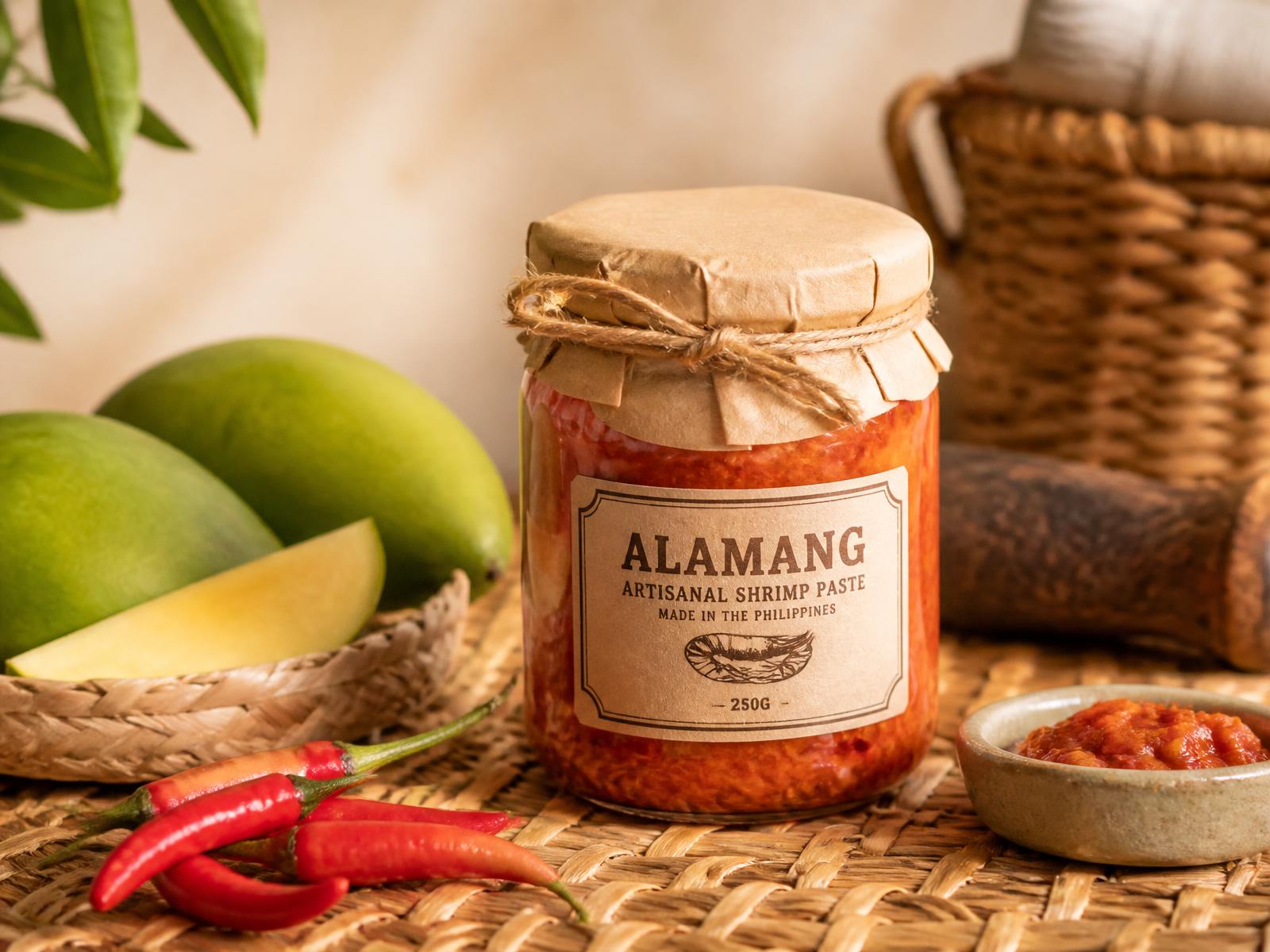 Traditional Batangas alamang in a glass jar surrounded by fresh ingredients